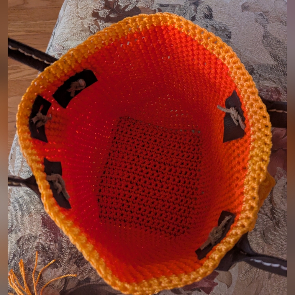 Handmade Crochet Bucket Bag Nylon Mason Line Bright Orange Brown Leather - Picture 6 of 16